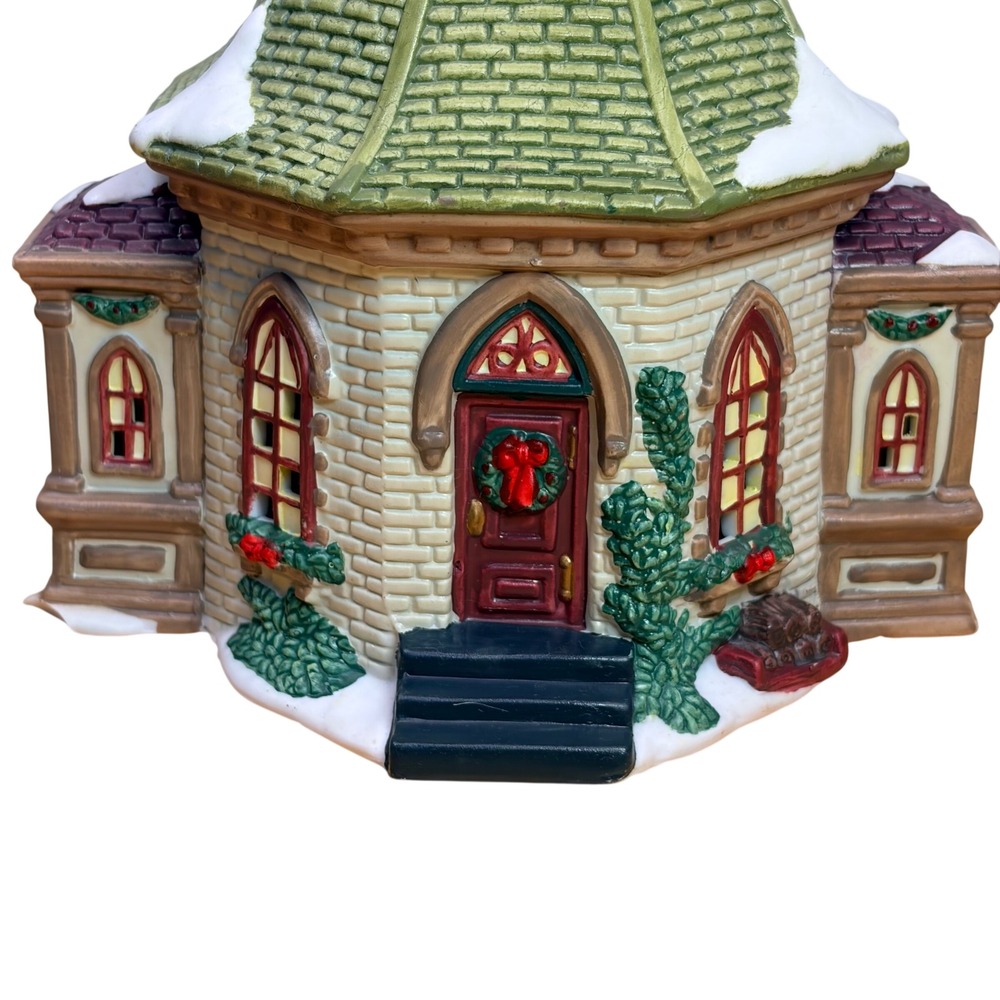 Vintage 1999 Christmas Church Village Building Green Cream Retro Holiday Decor - Picture 4 of 12